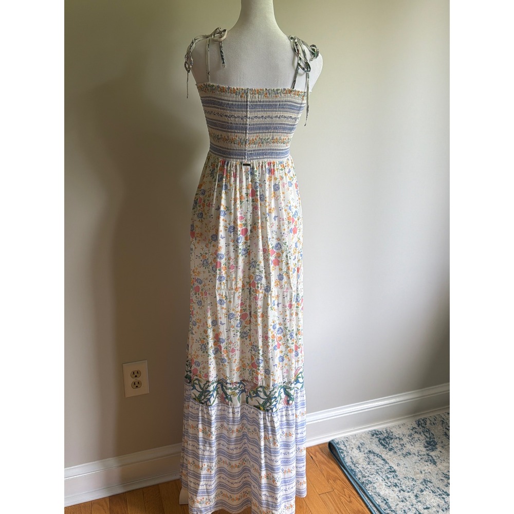 Maaji Floral Smocked Maxi Dress Tie Shoulder Boho Cottagecore Blue White Medium - Picture 2 of 6